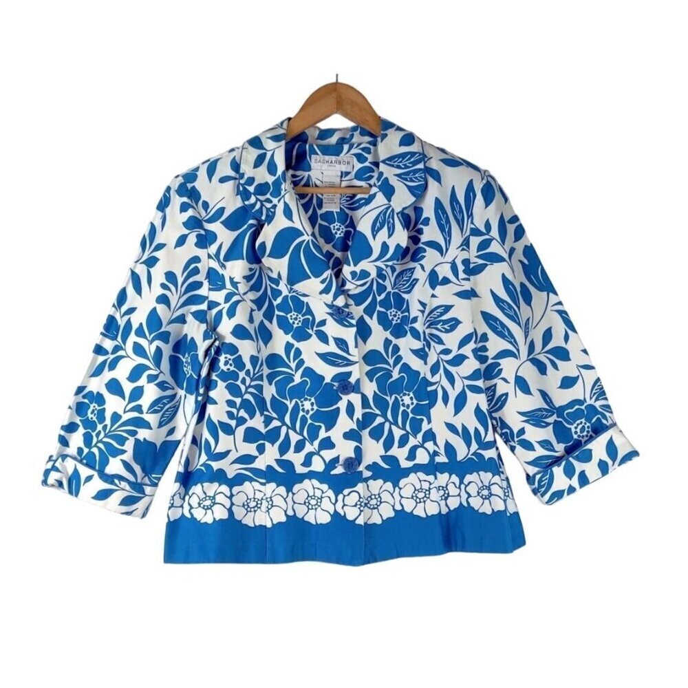 Summer Spring Blazer Jacket Blue White Floral 18 Sag Harbor 3/4 Sleeve Career
